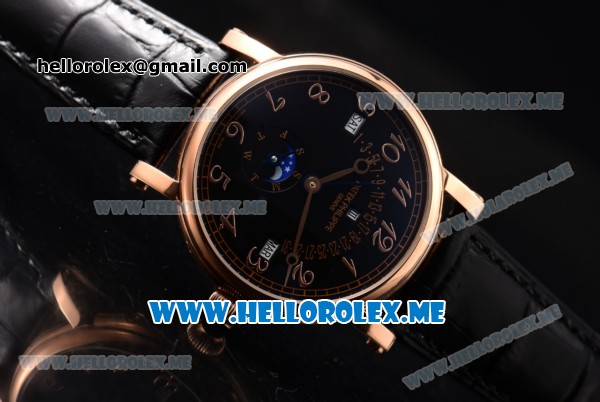 Patek Philippe Grand Complications Asia ST25 Automatic Rose Gold Case with Black Dial and Black Leather Strap Arabic Numeral Markers - Click Image to Close
